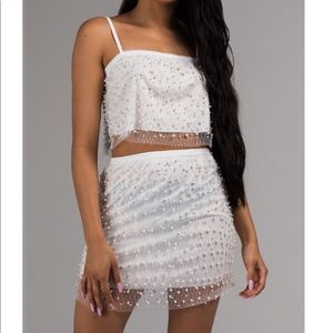 AKIRA Double Do The Pearls Mini Skirt and Crop Top
